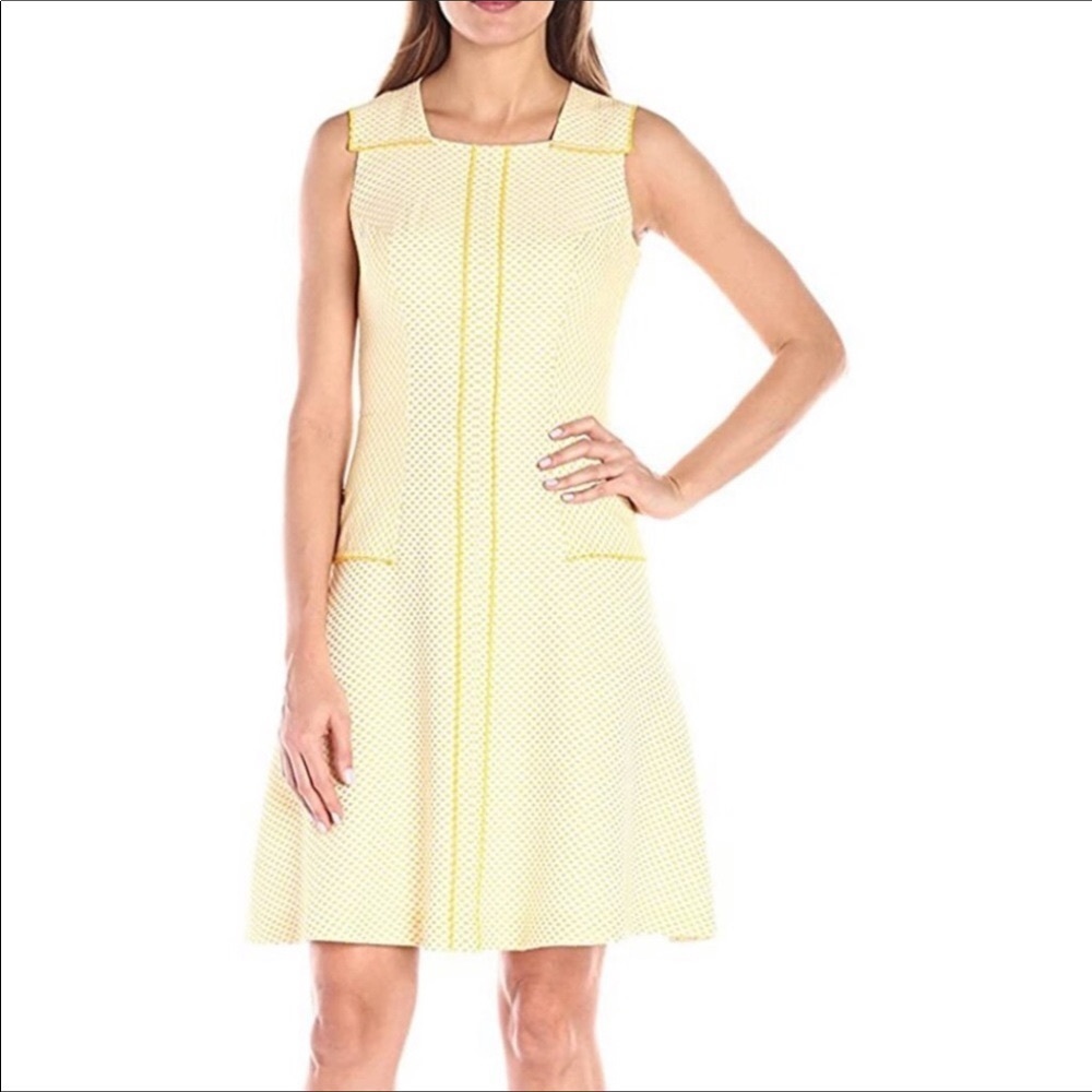 Anne Klein Yellow White Textured Fit & Flare Dress Size 8 Sleeveless
